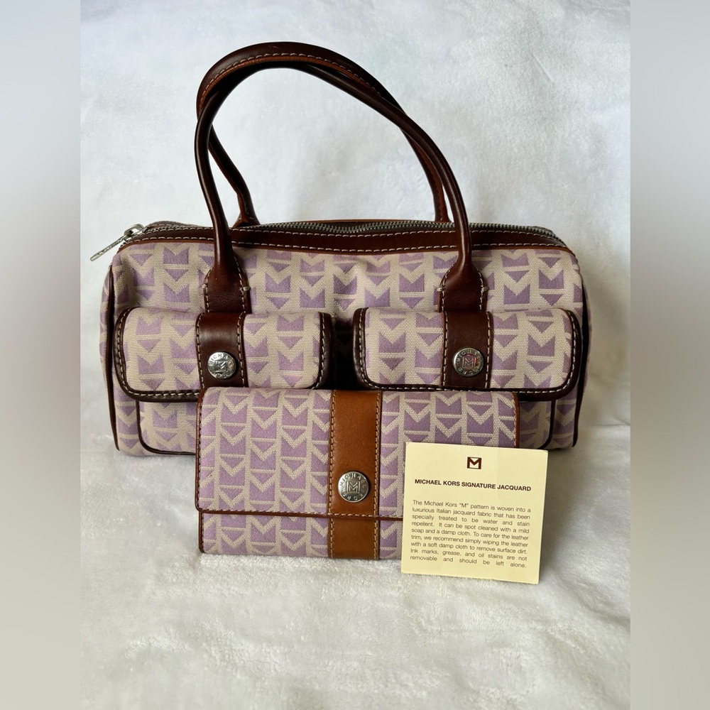 Michael Kors Signature Jacquard Lilac Purse Bag w/ Leather Trim Wallet- VINTAGE